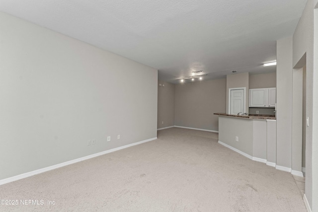 unfurnished living room with light colored carpet and a textured ceiling