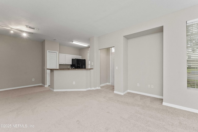 unfurnished living room with light colored carpet