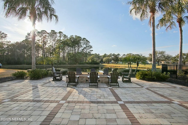 view of patio / terrace with a water view