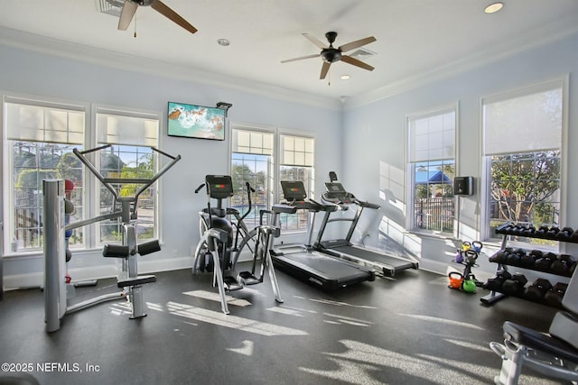 gym with crown molding and ceiling fan