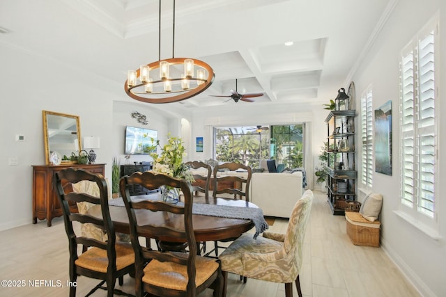 dining space featuring coffered ceiling, ceiling fan with notable chandelier, crown molding, and beamed ceiling