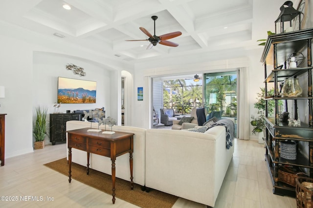 living room featuring ceiling fan, coffered ceiling, and beam ceiling