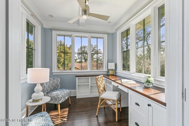 sunroom / solarium with ceiling fan, built in desk, and a healthy amount of sunlight