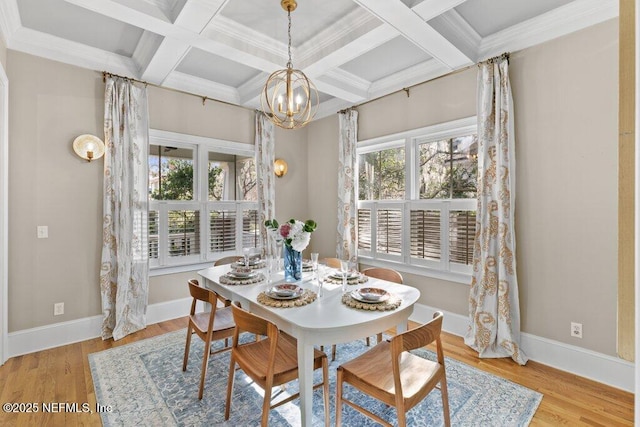 dining room with coffered ceiling, ornamental molding, plenty of natural light, and beam ceiling