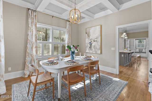 dining area with coffered ceiling, a notable chandelier, beam ceiling, and ornamental molding