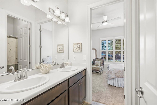 bathroom with vanity and ceiling fan