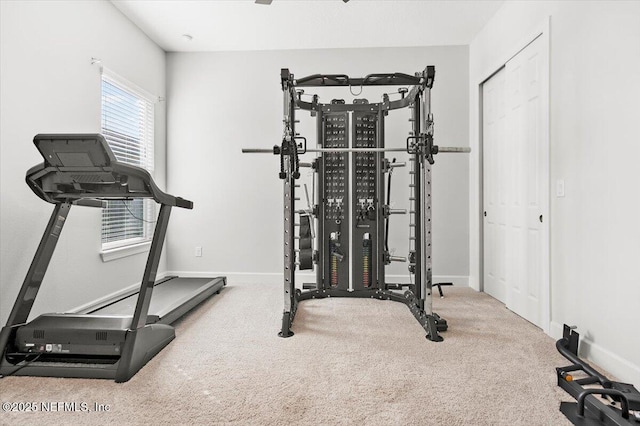 exercise room with carpet flooring