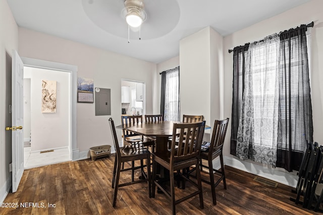 dining area featuring dark hardwood / wood-style flooring, electric panel, and ceiling fan