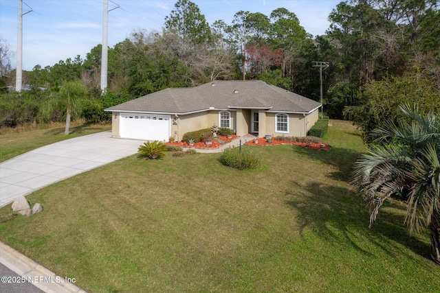 single story home featuring a front lawn, concrete driveway, an attached garage, and stucco siding