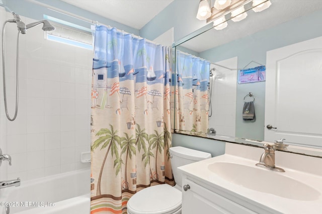 bathroom with toilet, shower / bath combo with shower curtain, and vanity