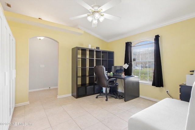 home office featuring tile patterned flooring, visible vents, arched walkways, and crown molding