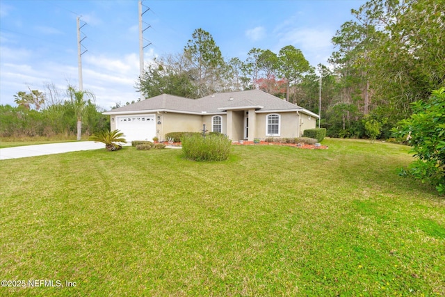 ranch-style house with driveway, stucco siding, an attached garage, and a front yard