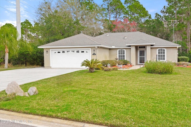 single story home featuring an attached garage, a shingled roof, concrete driveway, stucco siding, and a front yard