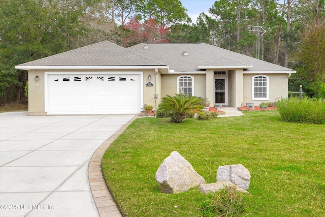 single story home featuring an attached garage, concrete driveway, roof with shingles, stucco siding, and a front lawn