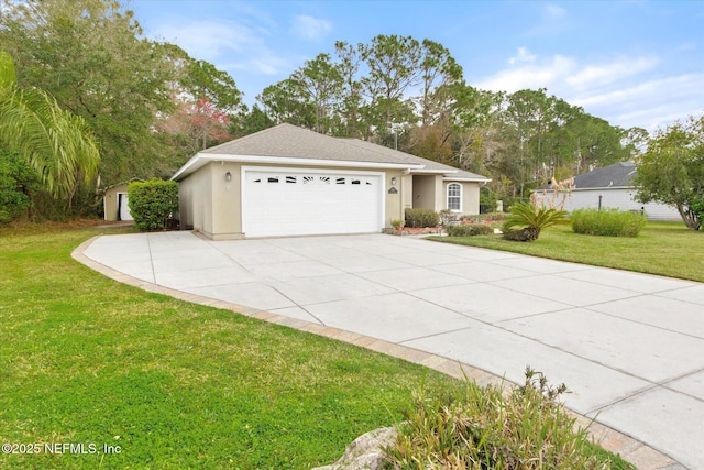 ranch-style house featuring roof with shingles, stucco siding, concrete driveway, an attached garage, and a front yard