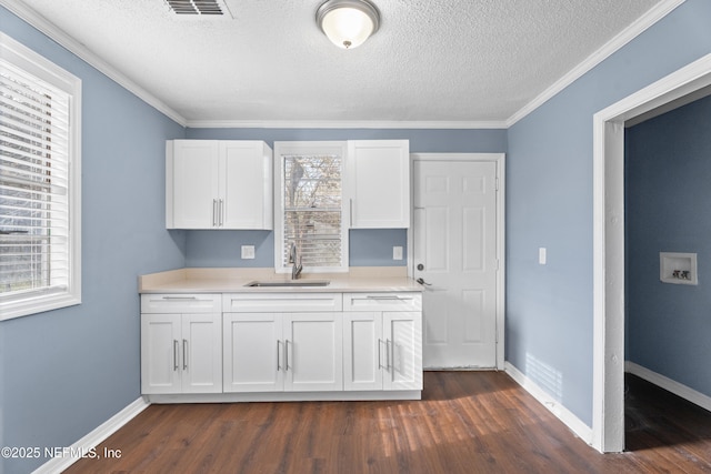 kitchen featuring sink, white cabinets, crown molding, dark wood-type flooring, and a textured ceiling