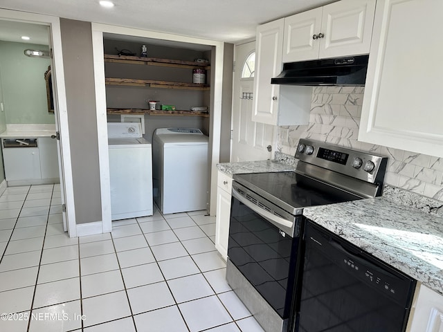 kitchen with white cabinetry, washing machine and clothes dryer, black dishwasher, and electric range