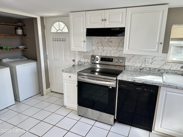 kitchen with sink, white cabinetry, independent washer and dryer, black dishwasher, and stainless steel range with electric cooktop