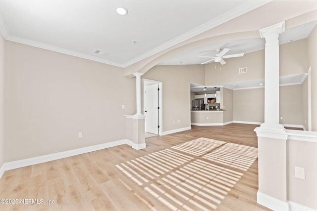 unfurnished living room featuring crown molding, light hardwood / wood-style flooring, decorative columns, and ceiling fan