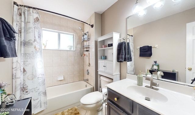 full bathroom featuring vanity, shower / bathtub combination with curtain, and toilet