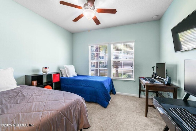 bedroom with light colored carpet and ceiling fan