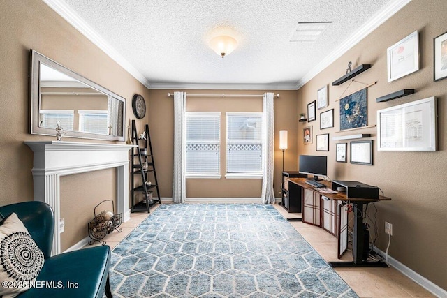 interior space with light tile patterned floors, ornamental molding, and a textured ceiling