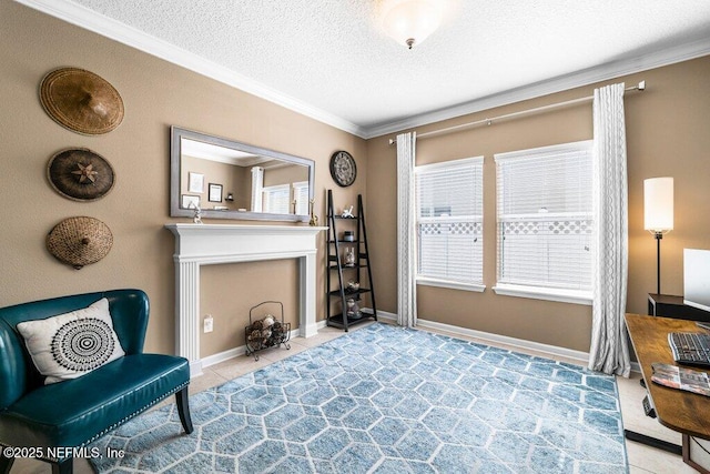 living area with ornamental molding, a textured ceiling, and light tile patterned floors