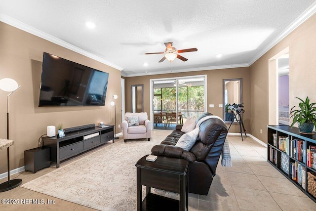 tiled living room with crown molding, a textured ceiling, and ceiling fan