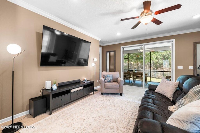 tiled living room with crown molding, a textured ceiling, and ceiling fan