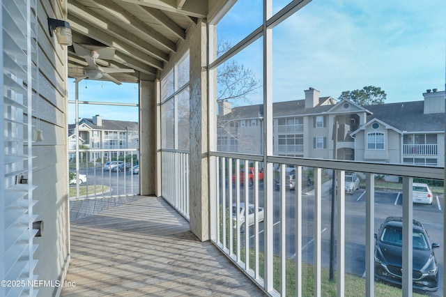 balcony featuring ceiling fan