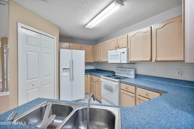 kitchen with sink, white appliances, backsplash, a textured ceiling, and light brown cabinetry