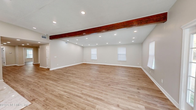 unfurnished living room with lofted ceiling with beams and light hardwood / wood-style flooring