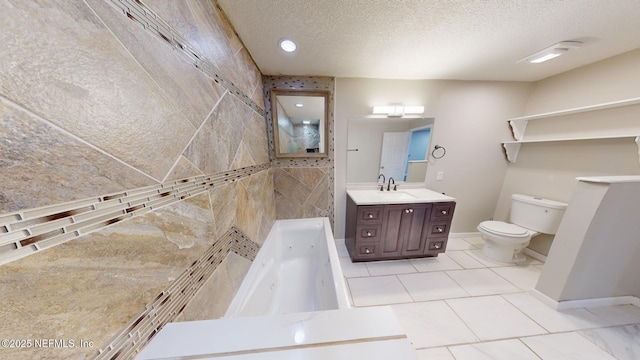 bathroom with tile patterned flooring, vanity, a textured ceiling, toilet, and a bathing tub