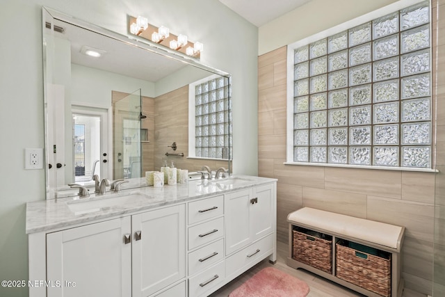 bathroom featuring walk in shower and vanity