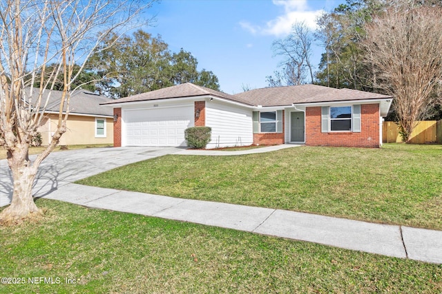 single story home featuring a garage and a front lawn