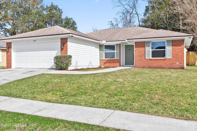 ranch-style house with a garage and a front lawn