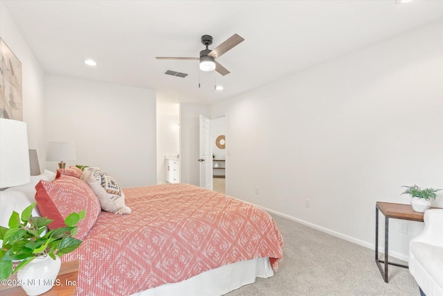 bedroom with light colored carpet and ceiling fan