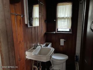 bathroom featuring toilet, sink, and wood walls