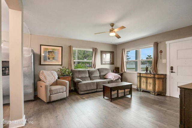 living room with ceiling fan, dark hardwood / wood-style floors, and a wealth of natural light