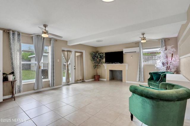 tiled living room with beamed ceiling, a wall mounted AC, and ceiling fan