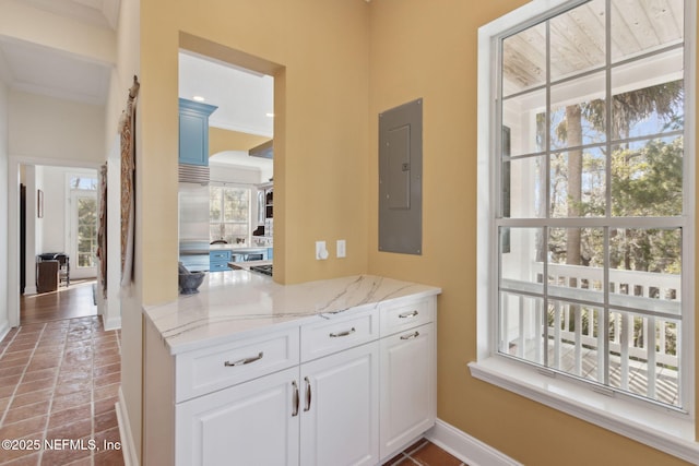 bar featuring light stone countertops, electric panel, and white cabinets