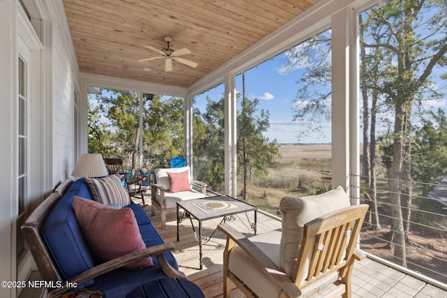 sunroom / solarium with wood ceiling and ceiling fan