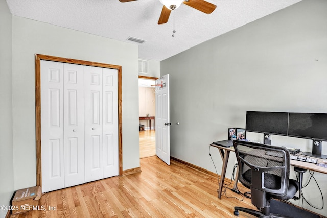 office space featuring ceiling fan, a textured ceiling, and light hardwood / wood-style flooring