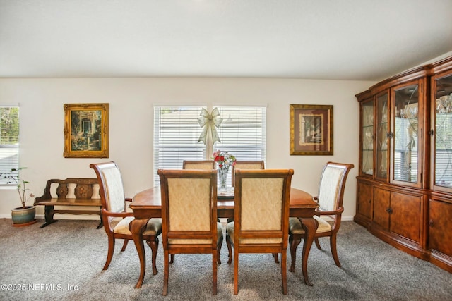 dining space with plenty of natural light and carpet flooring