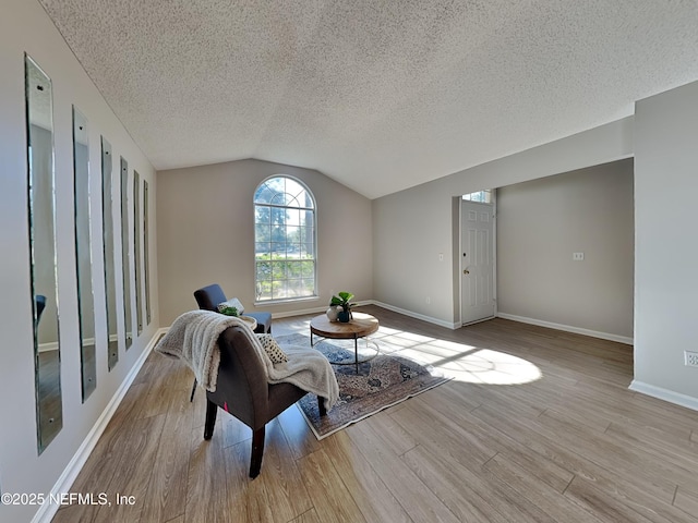 living area with vaulted ceiling, light hardwood / wood-style floors, and a textured ceiling