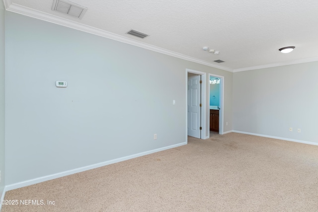 carpeted empty room with ornamental molding and a textured ceiling