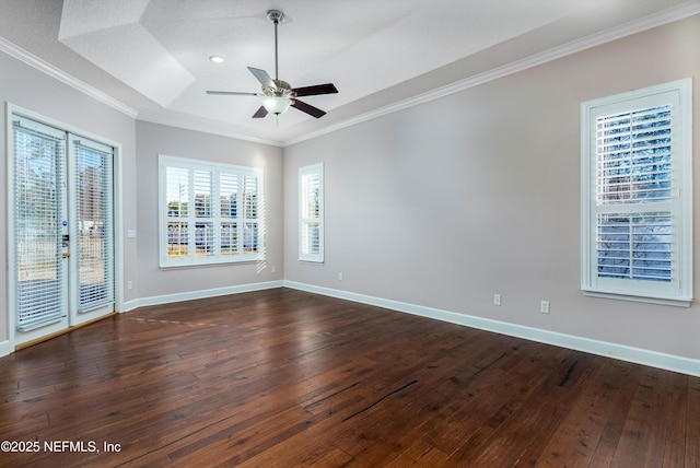 unfurnished room featuring crown molding, ceiling fan, and dark hardwood / wood-style flooring