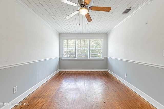 spare room with wood ceiling, hardwood / wood-style flooring, ornamental molding, and ceiling fan