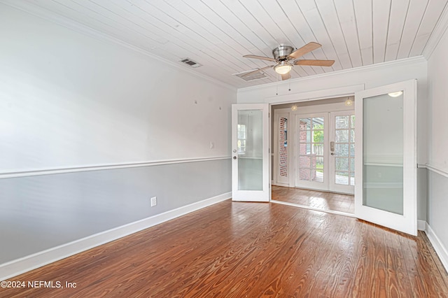 spare room with hardwood / wood-style floors, ornamental molding, ceiling fan, wood ceiling, and french doors