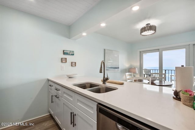 kitchen with white cabinetry, sink, dark hardwood / wood-style floors, and dishwasher